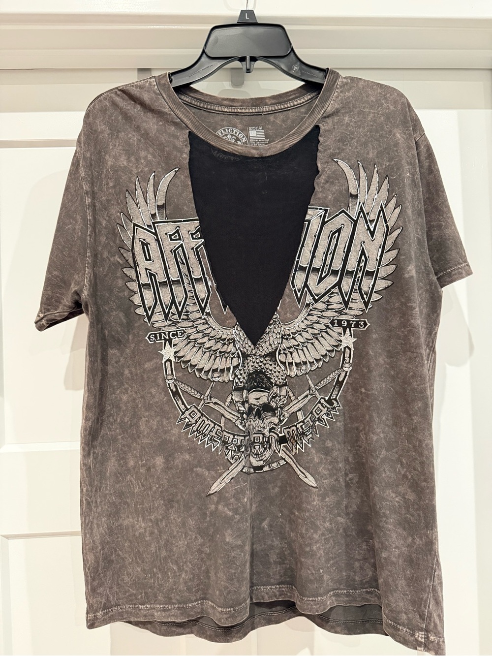 Affliction Men's Distressed Brown Graphic Tee with Black V Insert